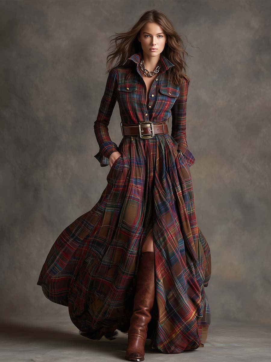 Women’s Plaid Maxi Shirt Dress with Belt