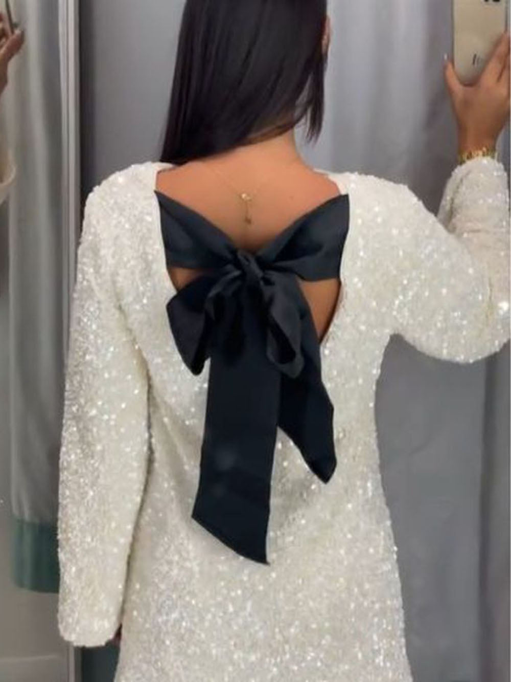 Women’s Long Sleeve Textured Mini Dress with Bow