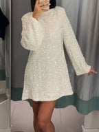 Women’s Long Sleeve Textured Mini Dress with Bow