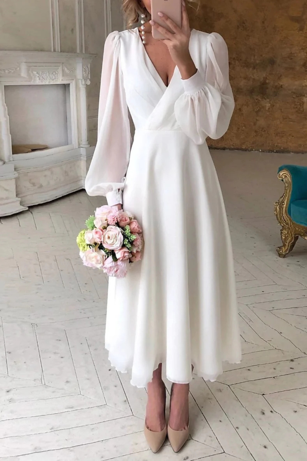 Women’s V-Neck Long Sleeve Midi Dress