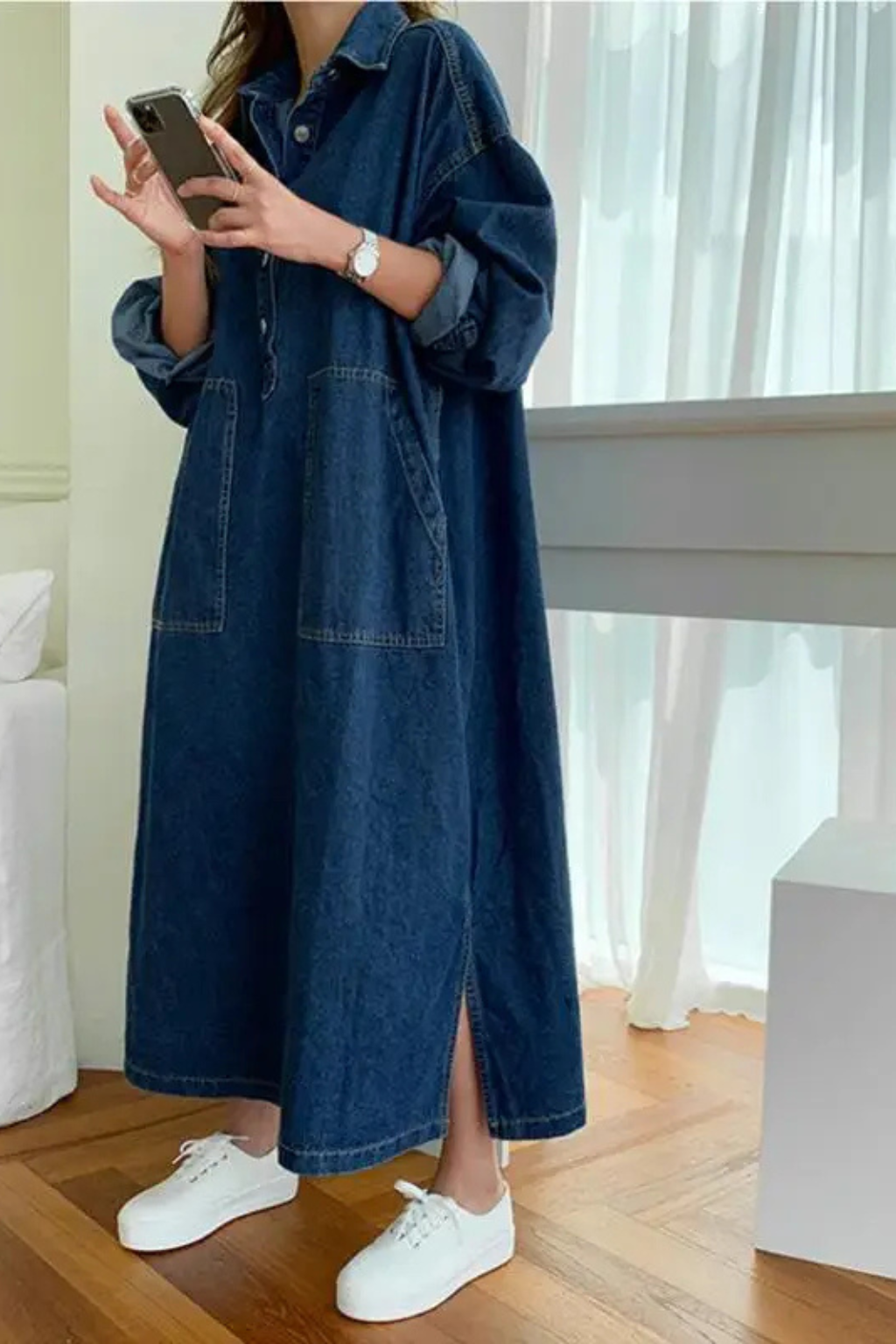 Women’s Long Sleeve Denim Maxi Shirt Dress