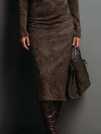 Women's High Neck Suede-Look Fitted Midi Dress