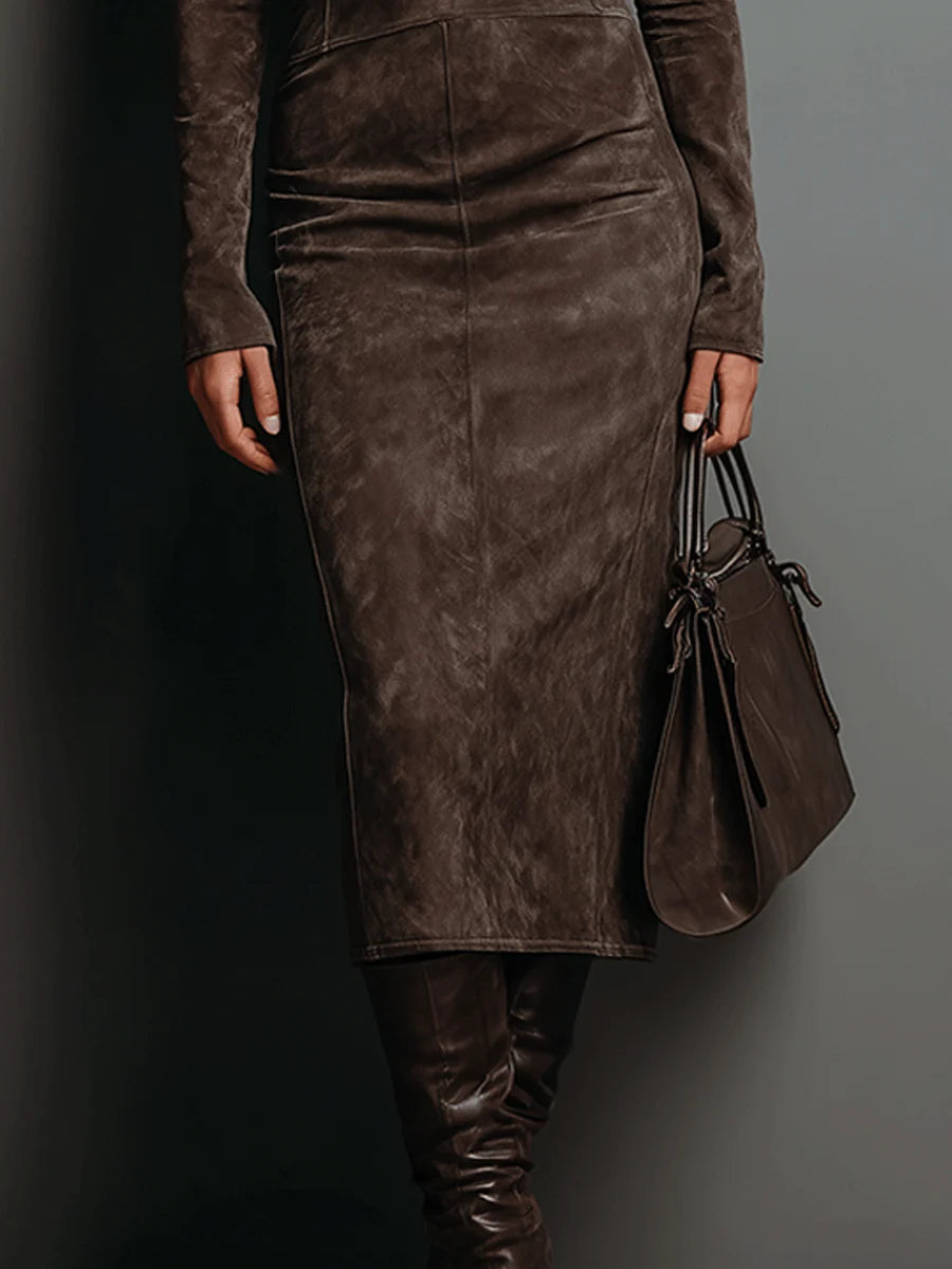 Women's High Neck Suede-Look Fitted Midi Dress