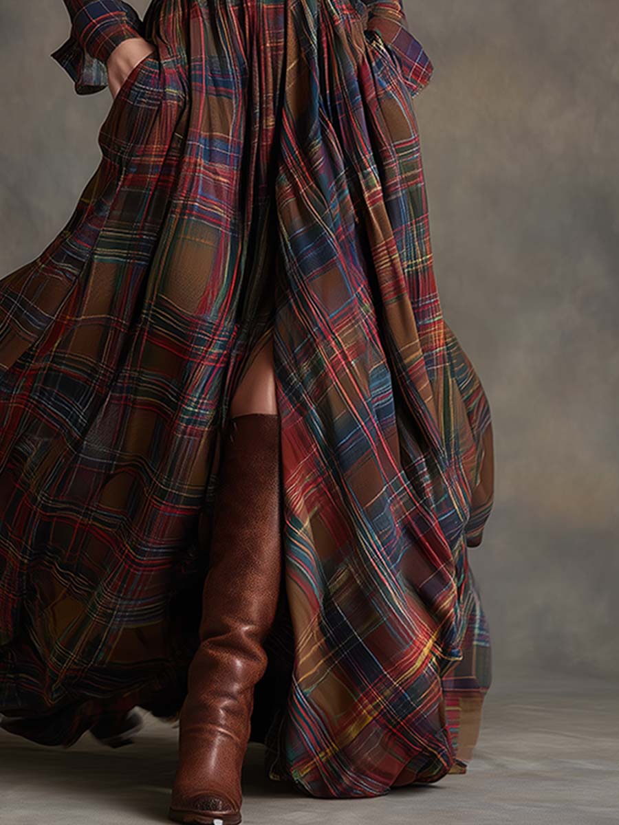 Women’s Plaid Maxi Shirt Dress with Belt