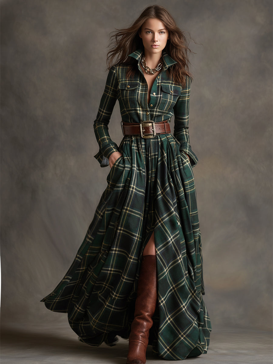 Women’s Plaid Maxi Shirt Dress with Belt