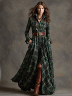 Women’s Plaid Maxi Shirt Dress with Belt