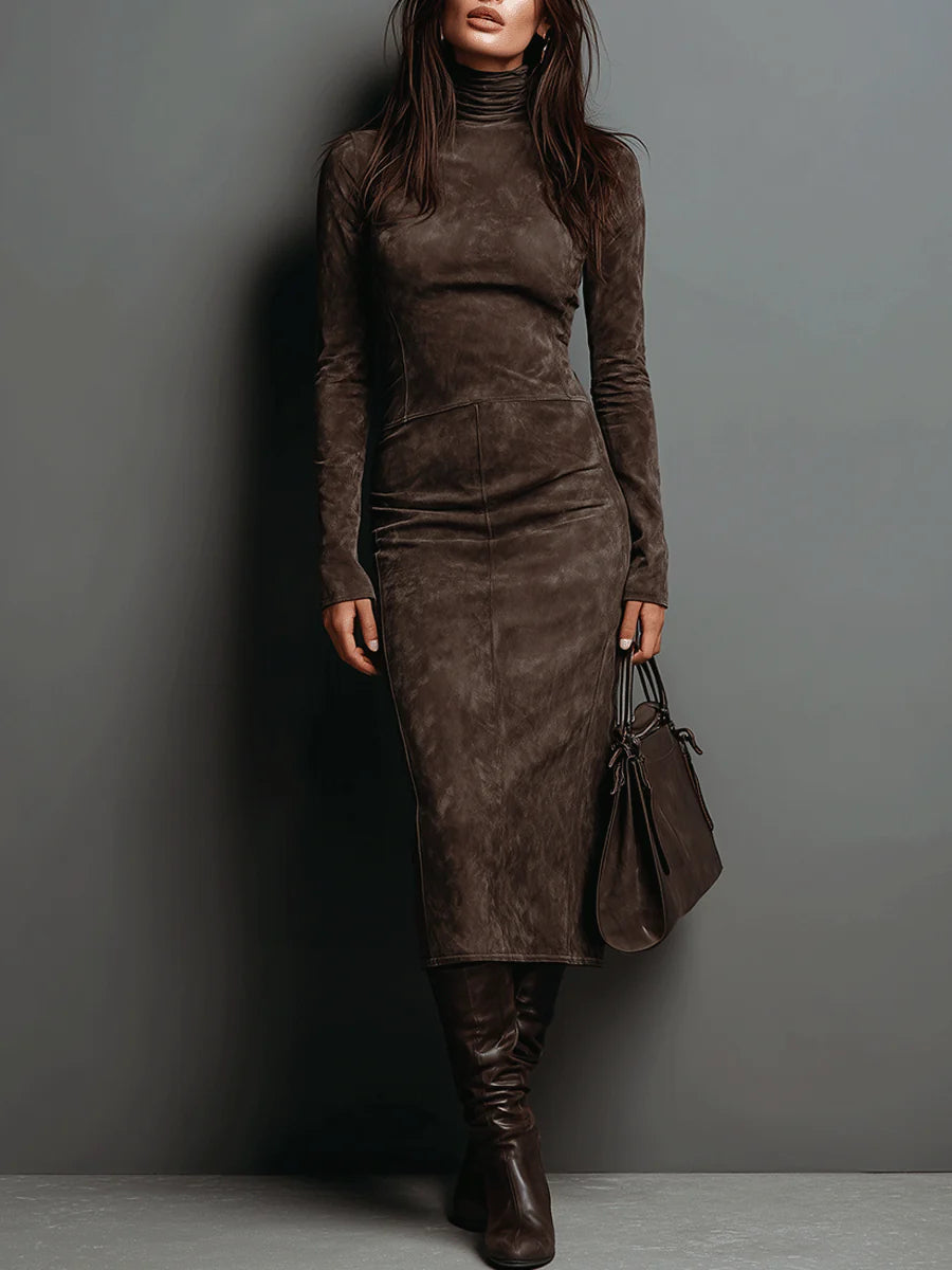 Women's High Neck Suede-Look Fitted Midi Dress
