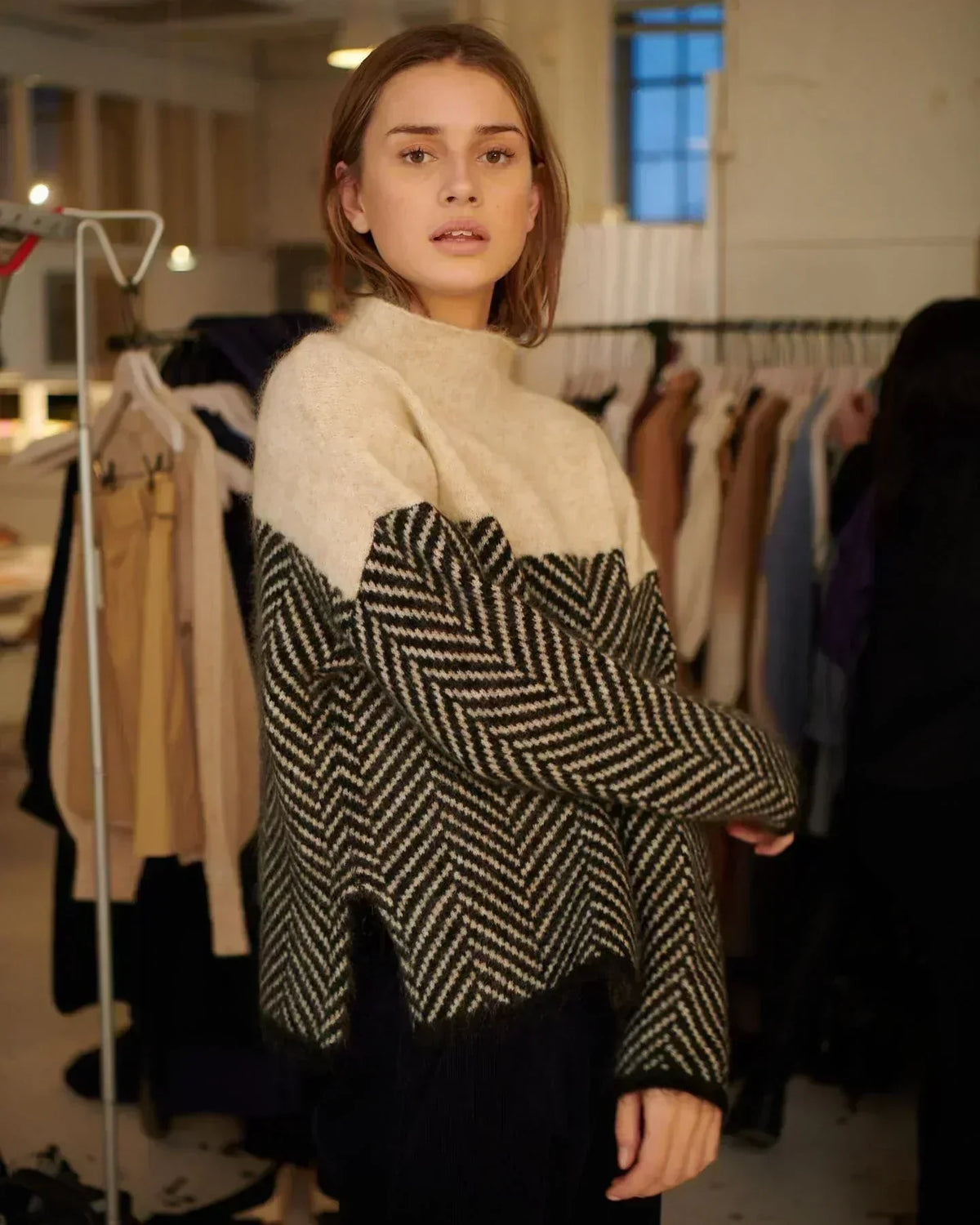 Women's Chevron Knit Sweater With Funnel Neck