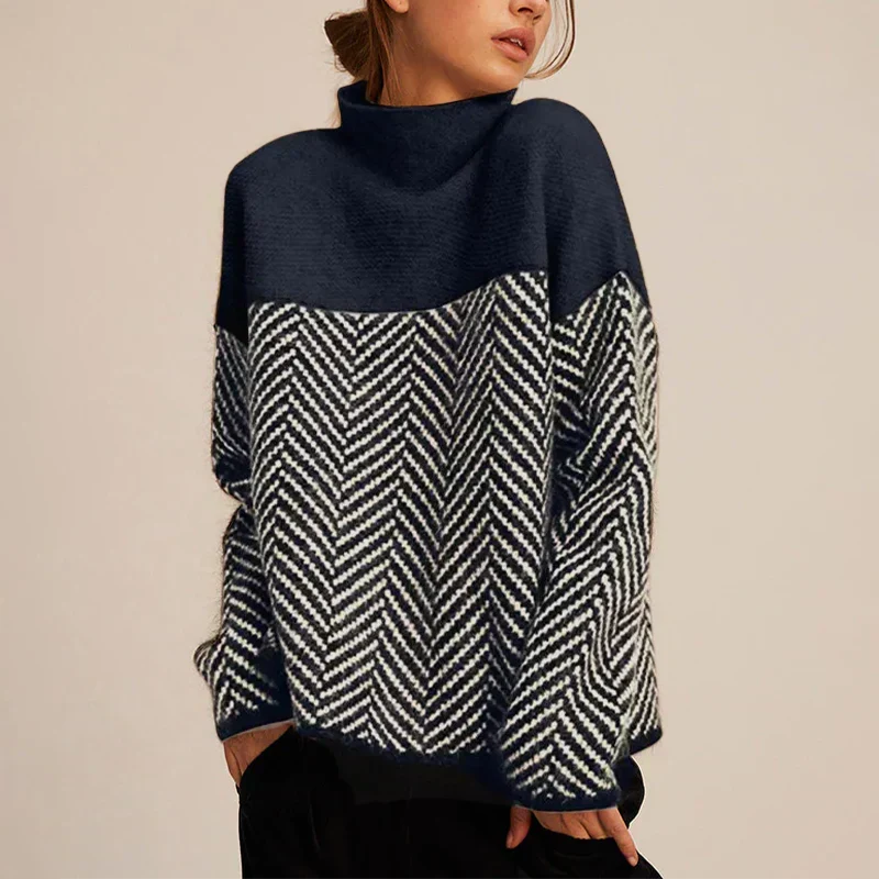 Women's Chevron Knit Sweater With Funnel Neck