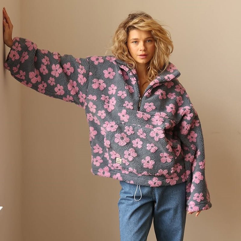 Women's Floral Sherpa-Look Half Zip Pullover