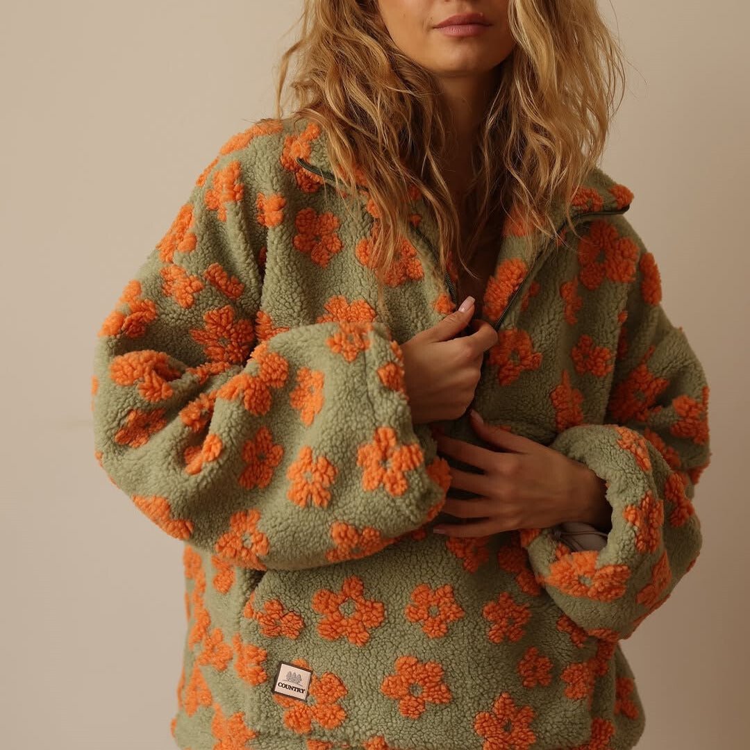 Women's Floral Sherpa-Look Half Zip Pullover