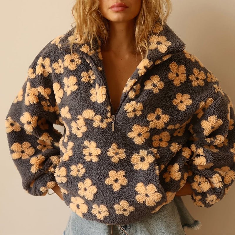 Women's Floral Sherpa-Look Half Zip Pullover