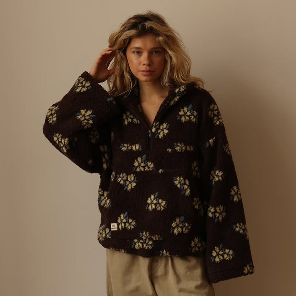 Women's Floral Sherpa-Look Half Zip Pullover