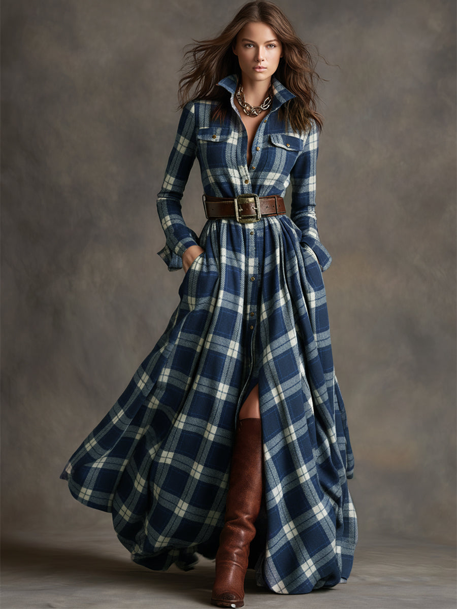 Women’s Plaid Maxi Shirt Dress with Belt