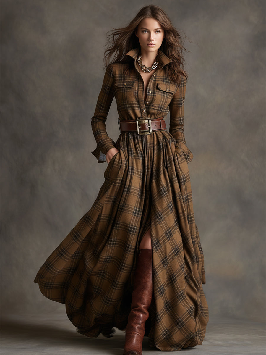 Women’s Plaid Maxi Shirt Dress with Belt