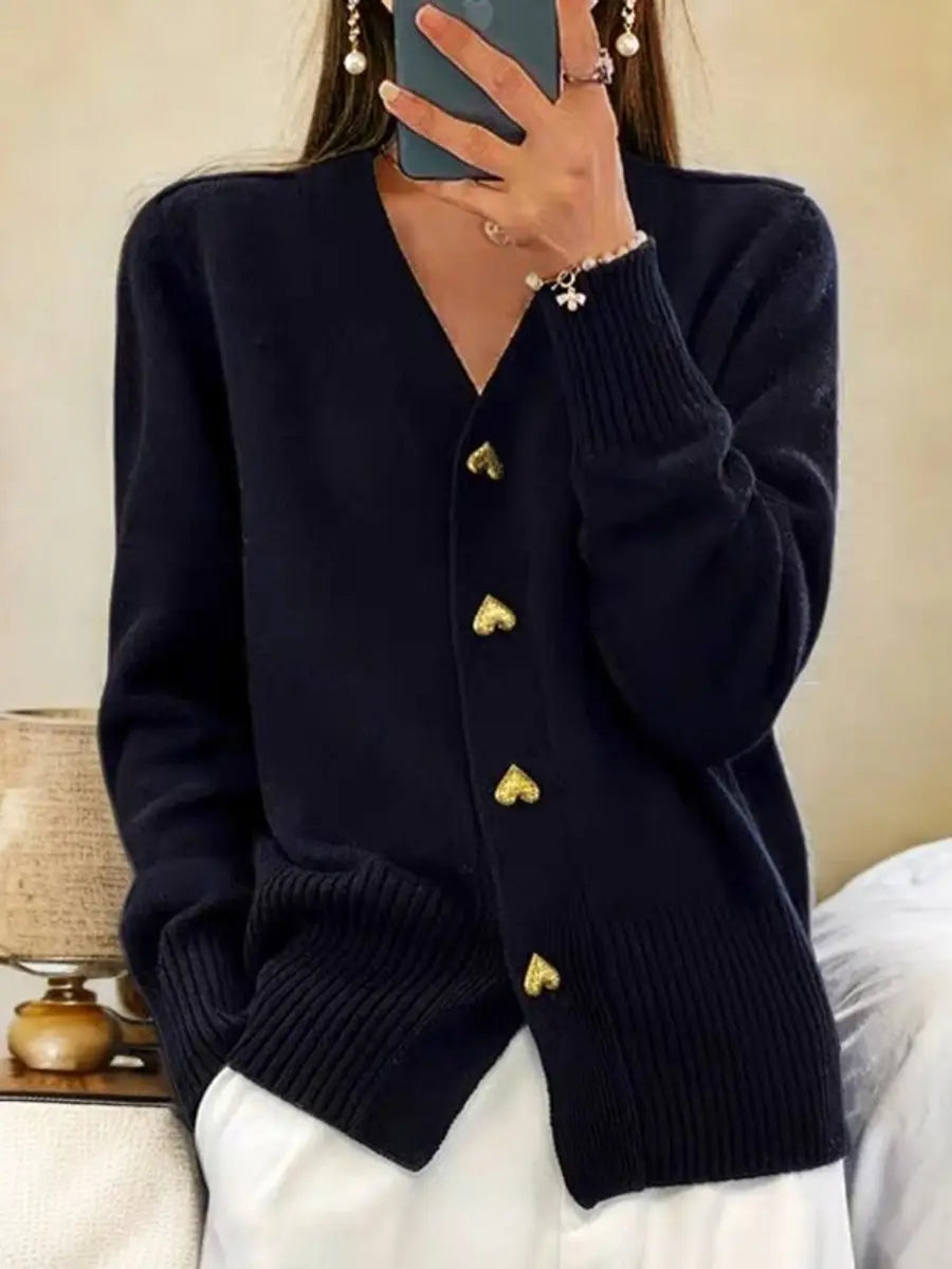 Women's V-Neck Cardigan with Heart-Shaped Buttons