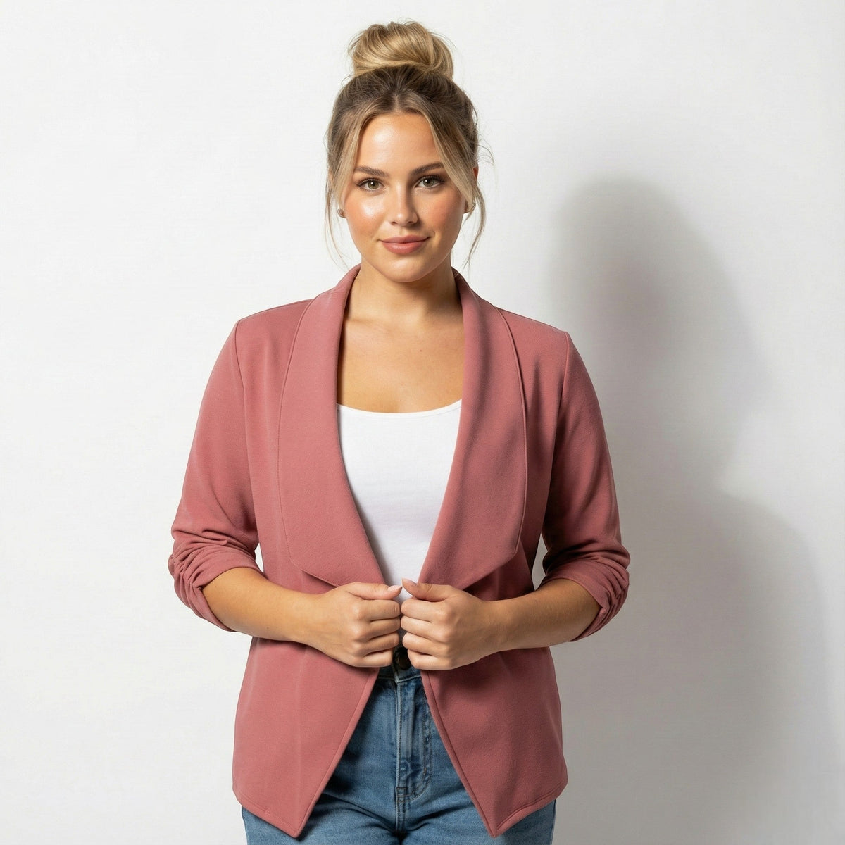 Women's Open Front Blazer With Ruched Sleeves