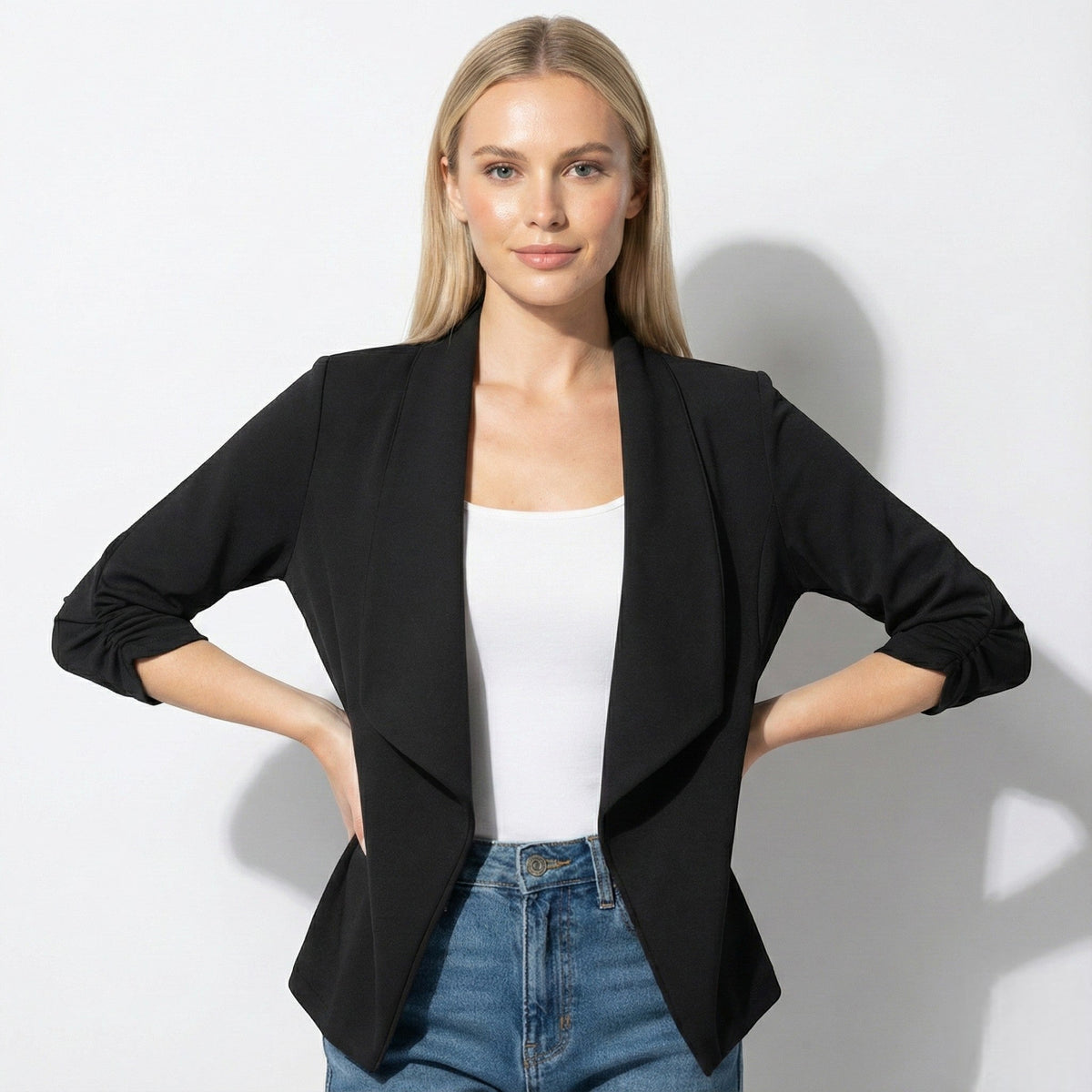Women's Open Front Blazer With Ruched Sleeves