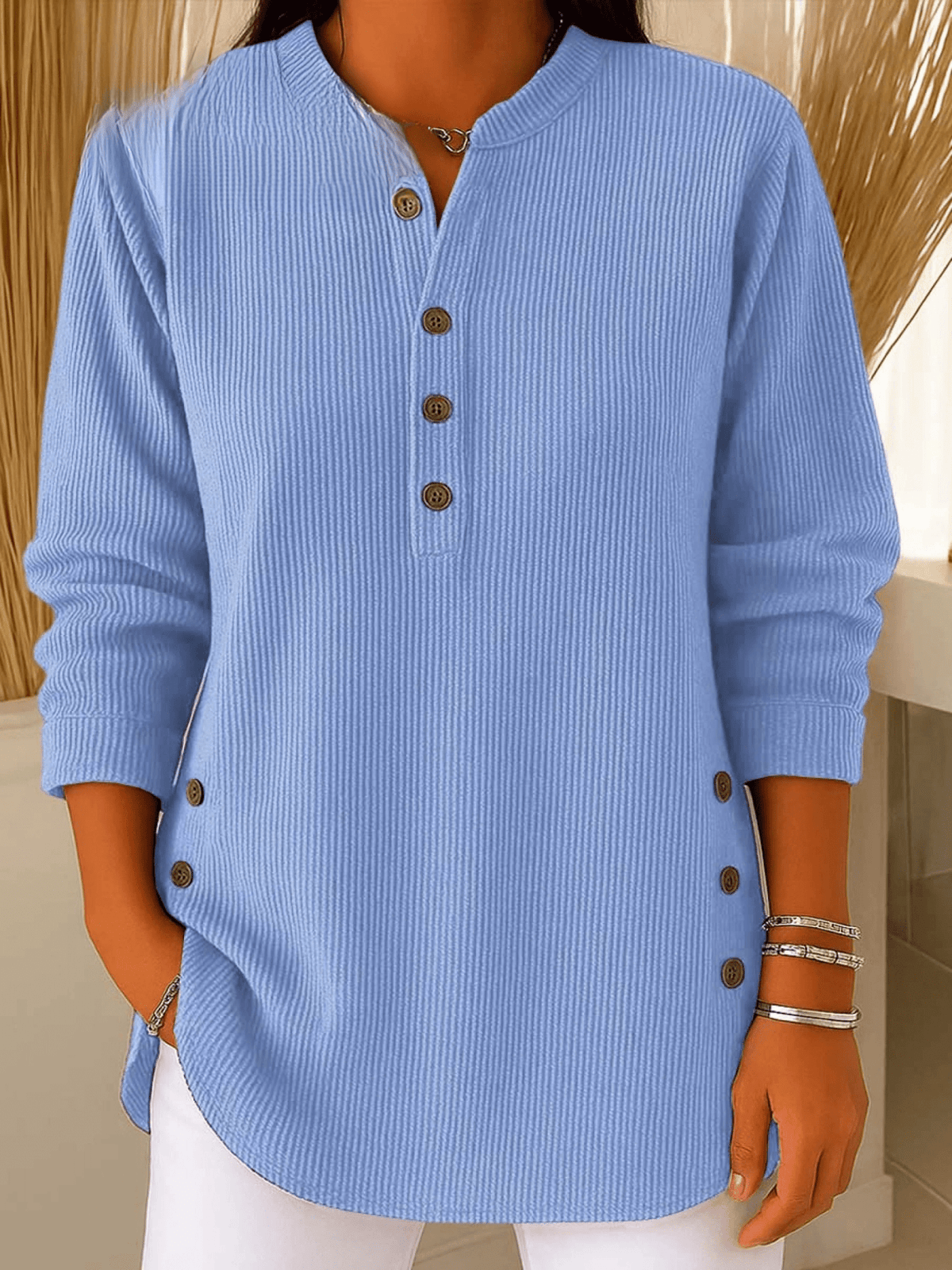 Women's Ribbed Henley Tunic Top with Side Buttons