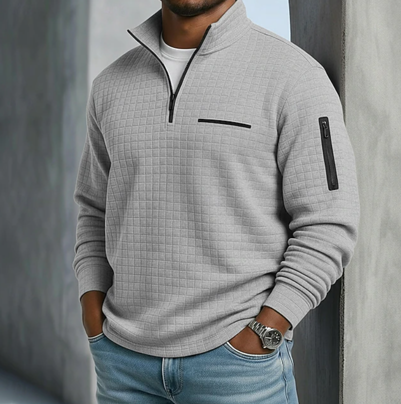 Men's Grid-Textured Quarter-Zip Pullover with Sleeve Detail