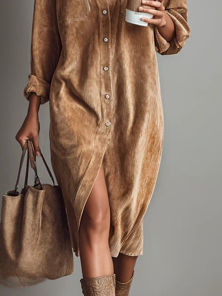 Women's Corduroy-Look Button Front Midi Shirt Dress