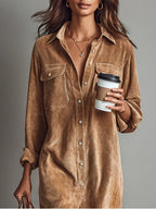 Women's Corduroy-Look Button Front Midi Shirt Dress