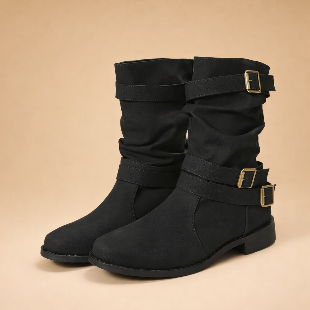 Women's Slouchy Mid-Calf Boots with Buckle Straps