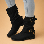 Women's Slouchy Mid-Calf Boots with Buckle Straps