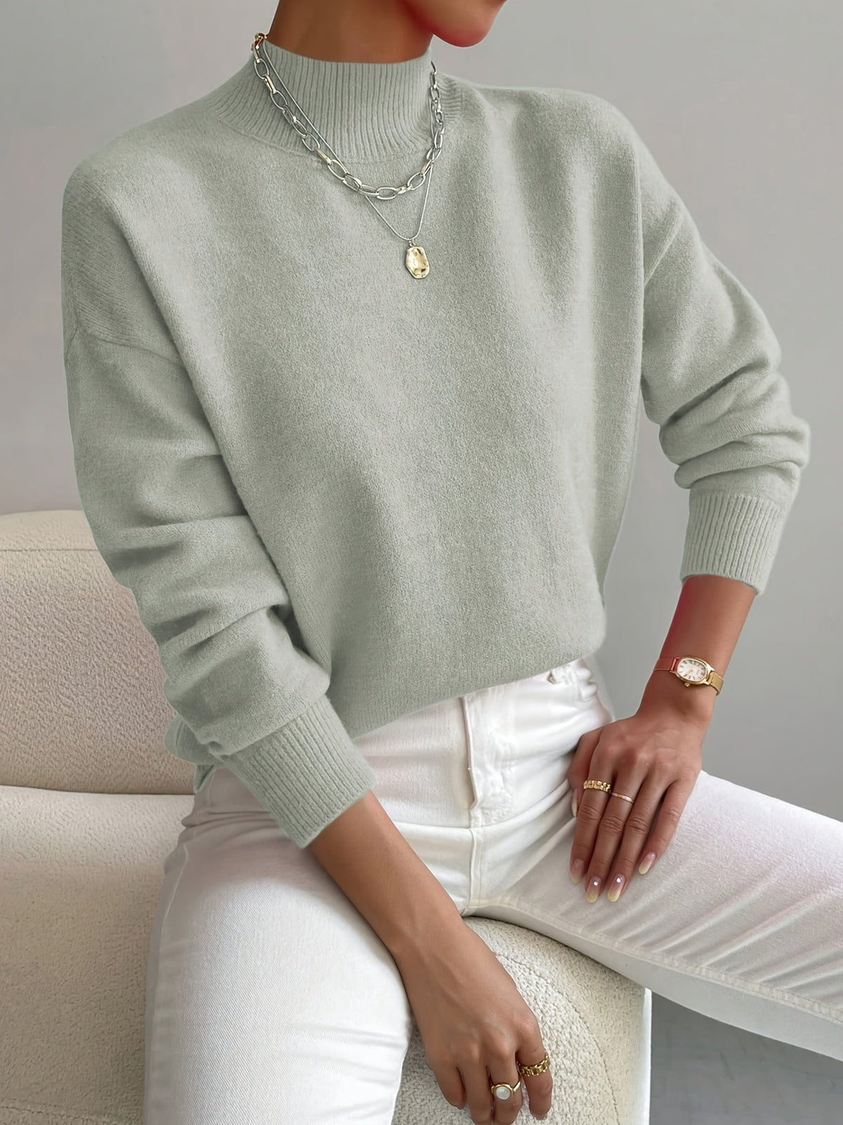 Women's Ribbed Mock Neck Sweater With Relaxed Fit