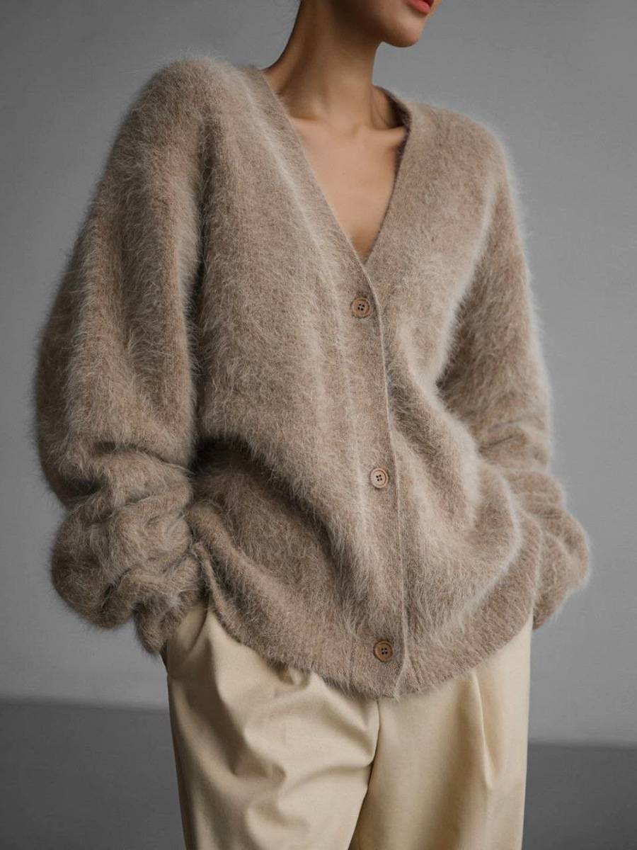 Women's Fuzzy Knit Cardigan With V-Neck